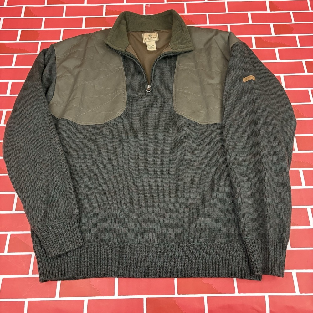 Beretta 1/4 Zip Pullover Sweater Men's 2XL Dark Green 100% Wool Lined